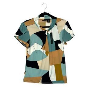 Tahari Geometric Print Knot Neck Blouse NWT Women's Sz M MultiFlutter Sleeve
